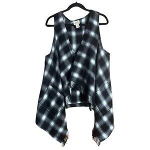 Natural Impressions Plaid Open Front Sleeveless Vest Draped Fringe Layer